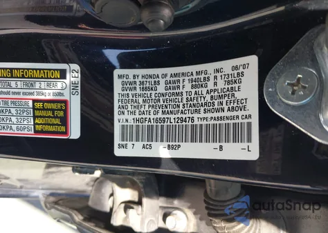 2007 Honda Civic Lx from USA, damaged, VIN 1HGFA16597L129476